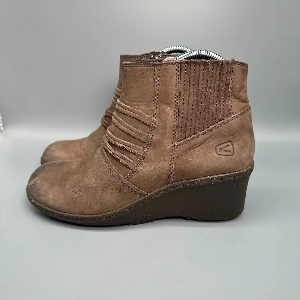 Keen Zurich Women's 9 Brown Leather Ankle Boot Pull On Side Zip Wedge Heel